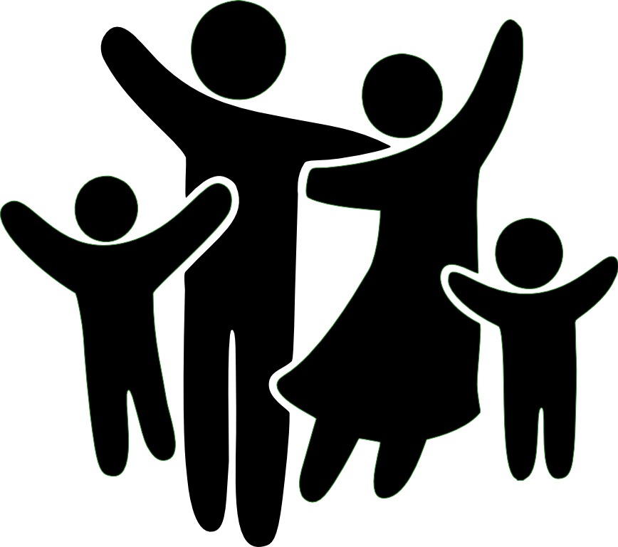 Line-drawn family of three with arms raised, playing with a ball in the air.