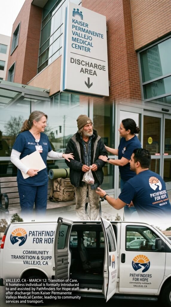 A hospital discharge area in Vallejo, California, where a referral to homeless services leaves one organization.