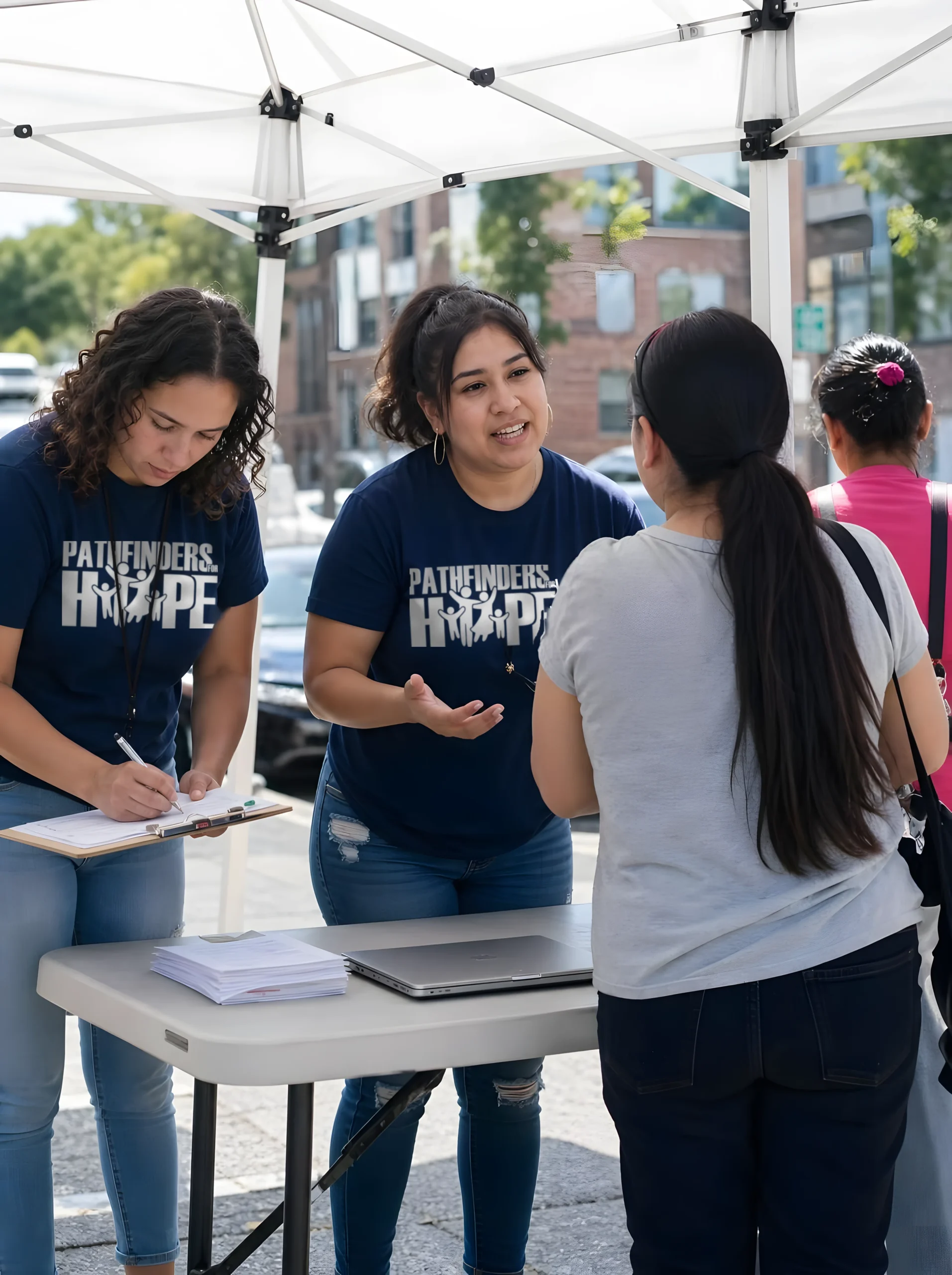 Two Pathfinders for Hope outreach workers in navy shirts talking with a woman at an outdoor table in Vallejo