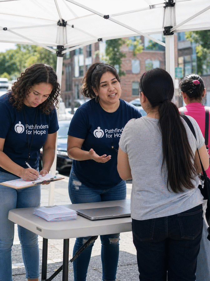 Two Pathfinders for Hope outreach workers in navy shirts talking with a woman at an outdoor table in Vallejo